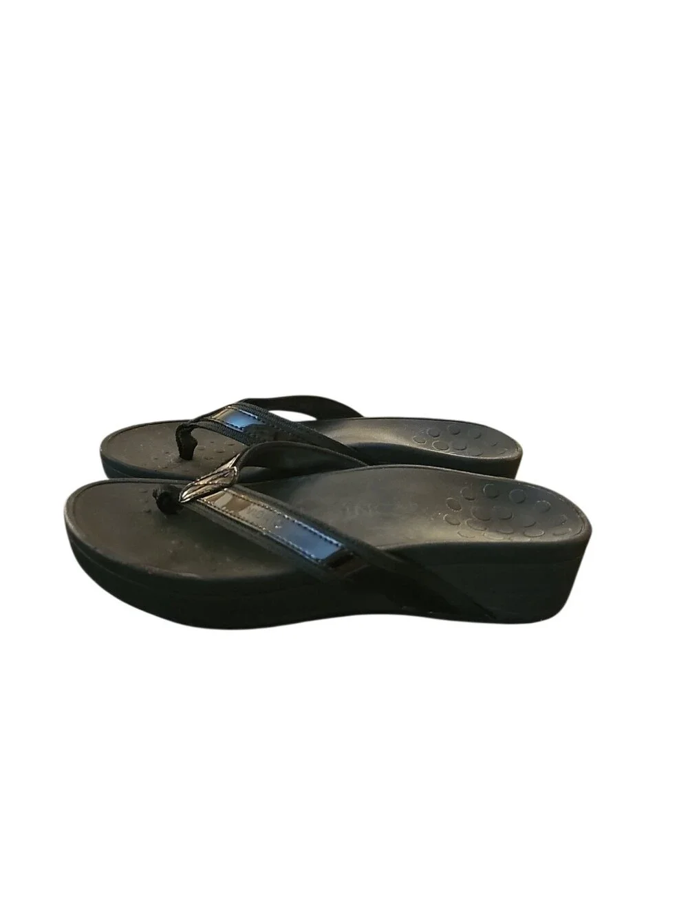 Vionic Black Vionic High Tide Women's Black Patent Wedge Thong Sandals Sz 7